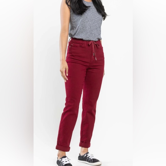 Judy Blue Denim - Judy Blue-  Carly high waisted Dnl Cuff Roll Jogger Jeans in Scarlet